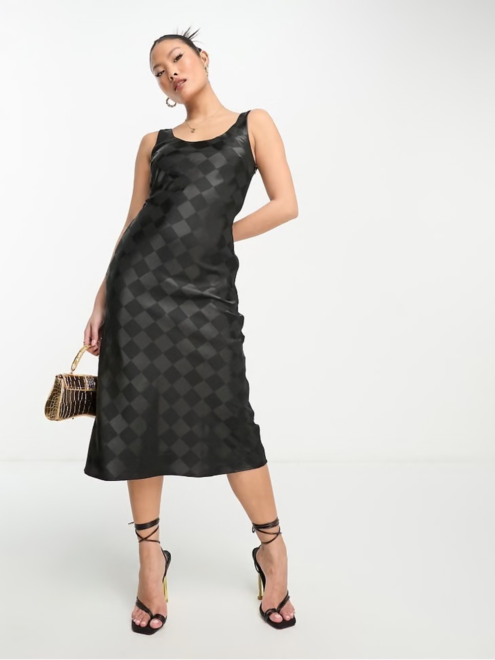 Cocktail Black Check Satin Slip Dress